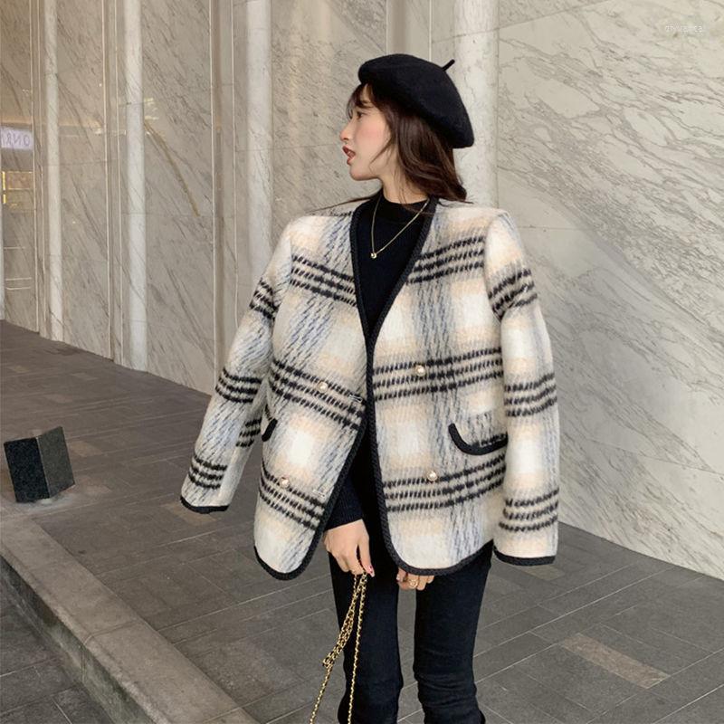 

Women' Jackets Plus Velvet Fashion Korea Version Women Jacket Coat Autumn Winter V-neck Plaid Retro Thickened Warm Female, Red