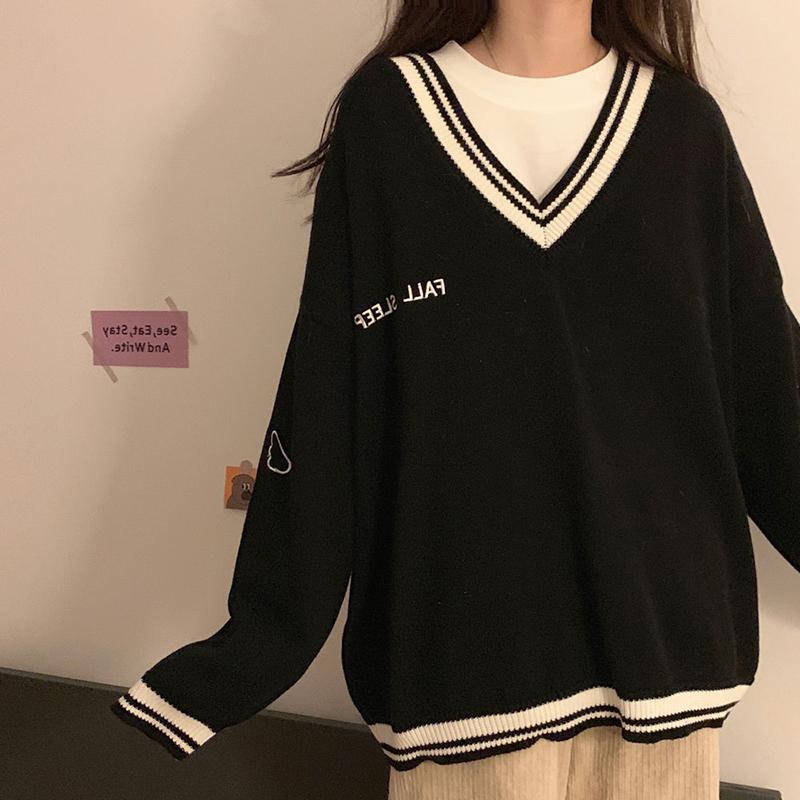 

Clothing Sets Black White British School Uniform Jk Sweater Cute Knitted Loose Cotton Girls Tops Sweet Long Sleeve SweatersClothing