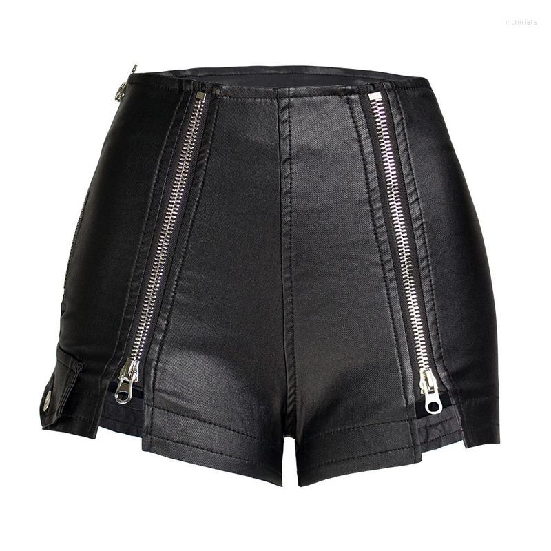 

Women' Shorts Black Sexy Club High Waist PU Fashion Women Zipper All-Match Elasticity Straight Patchwork Leather Denim