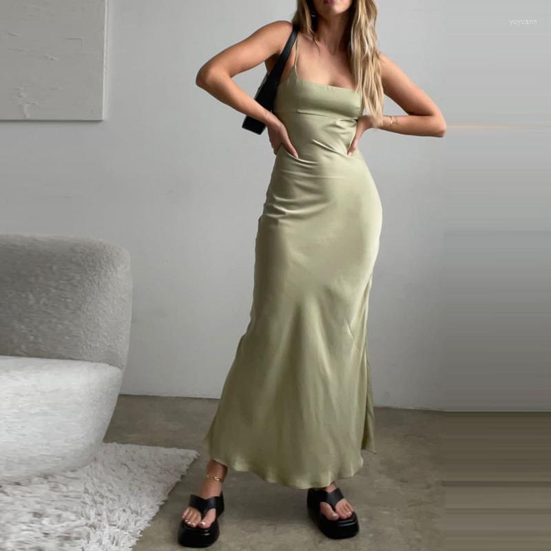 

Casual Dresses Chic Women Vintage Satin Long Elegant Lady Birthday Party Night Club Bodycon Y2K Retro Backless Spaghetti Strap Dress