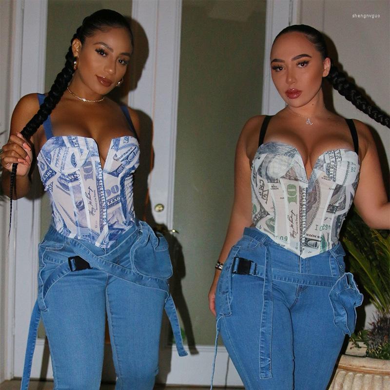 

Women' Tanks 2023 Money Print Bodycon Corset Crop Top Autumn Winter Women Fashion Streetwear Outfits Club Tees, Black