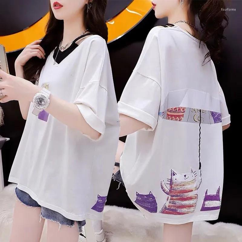 

Women's T Shirts Loose Fake Two-Piece Short-Sleeved T-Shirt Women'S 2023 Summer Foreign Style Age-Reducing Net Red Design Sense Be, Black