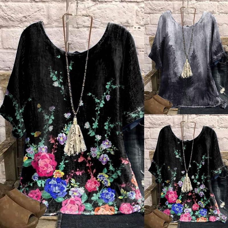 

Women's Blouses Women Fashion Loose Top Summer Casual Floral Printing Elegant Tops Shirt O Neck Streetwear Button Shirts, Black