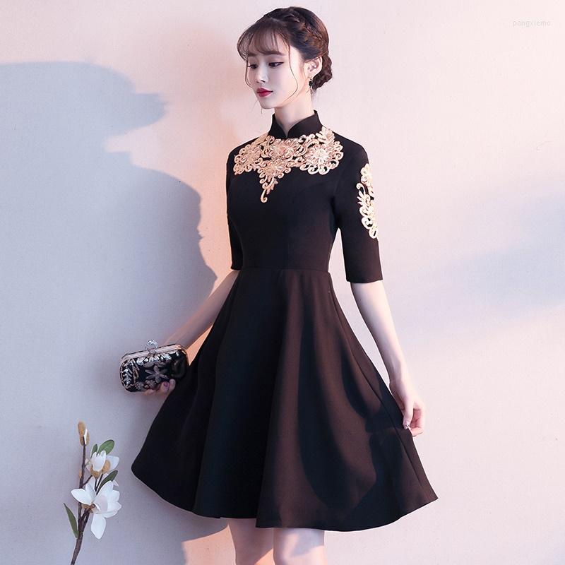

Ethnic Clothing Party Evening Cheongsam Dress Oriental Chinese Style Woman Elegant Black Qipao Sexy Wedding Prom Short Robe Retro Vestidos