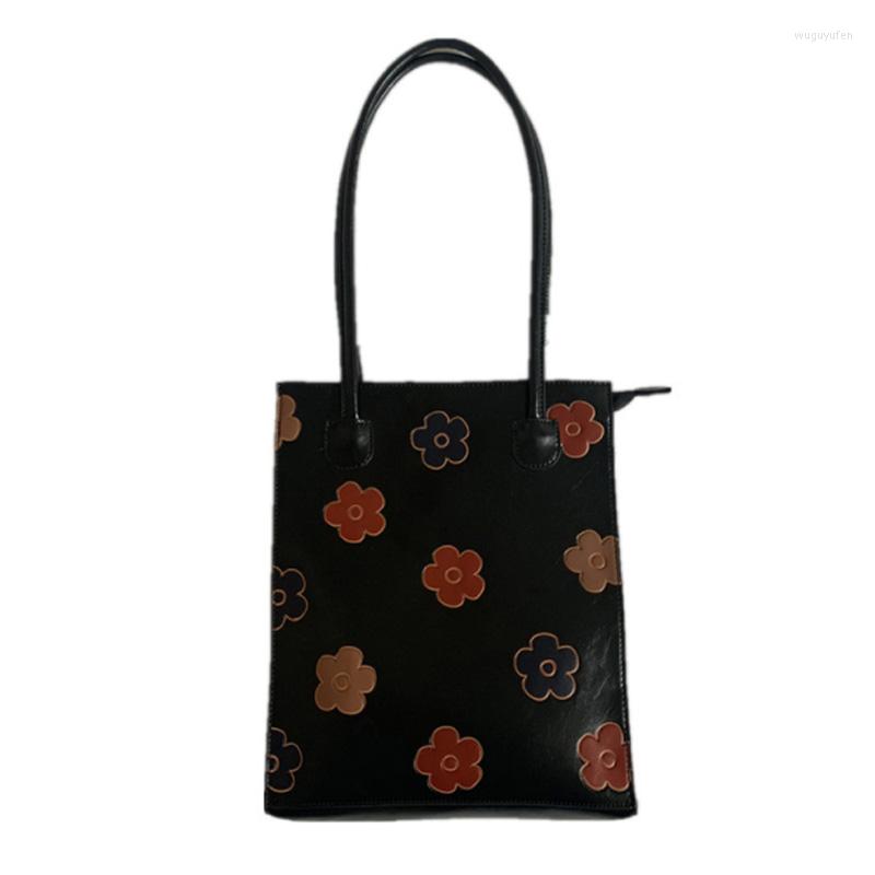 

Evening Bags Vintage Pu Printed Shoulder Bag Flower Women Handbag Designer Totes High Capacity Messenger, Black