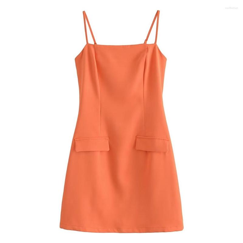 

Casual Dresses COS LRIS Spring Women' Fashion All-match Orange Pocket Sling Square Collar Waist Mini Dress 22323