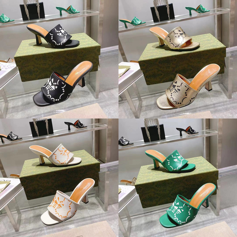 

2023 Designer womens outdoors Printed high-heeled Slippers G family luxury sexy 100% leather Black white lake green sandals lady Square peep-toe heels shoes sizes 35-40, Ivory
