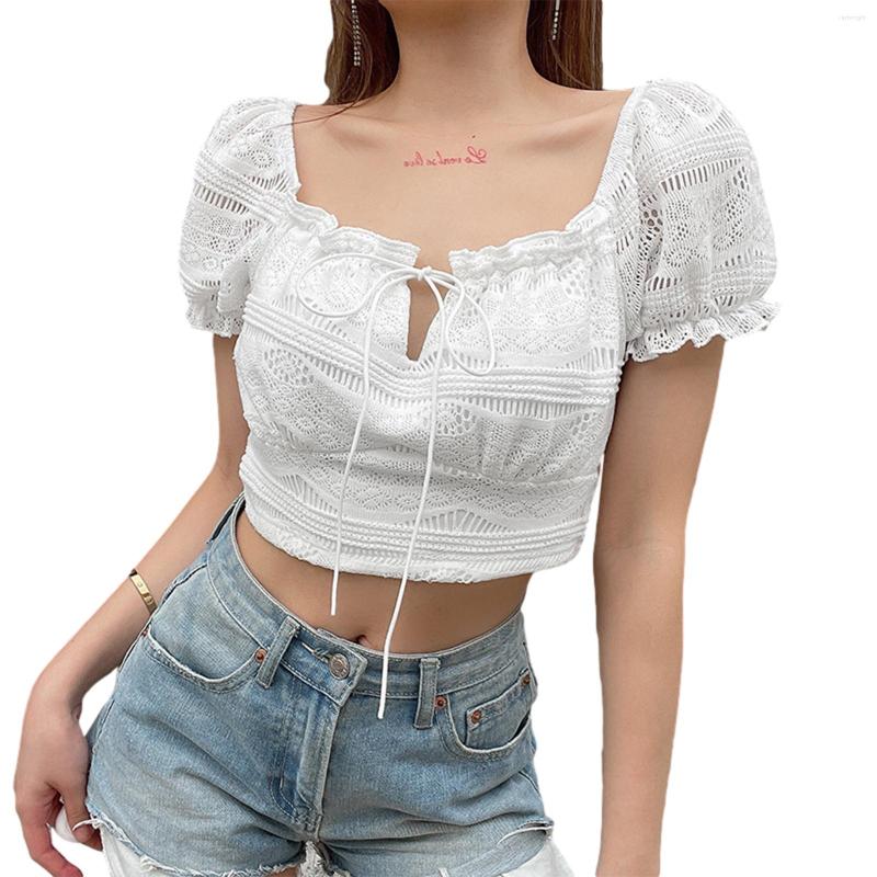

Women' T Shirts Sweet Sexy Puff Sleeve T-Shirt Off Shoulder Lace Up Crop Top Women Short Square Collar Hollow Out Slim Fit Tops, White
