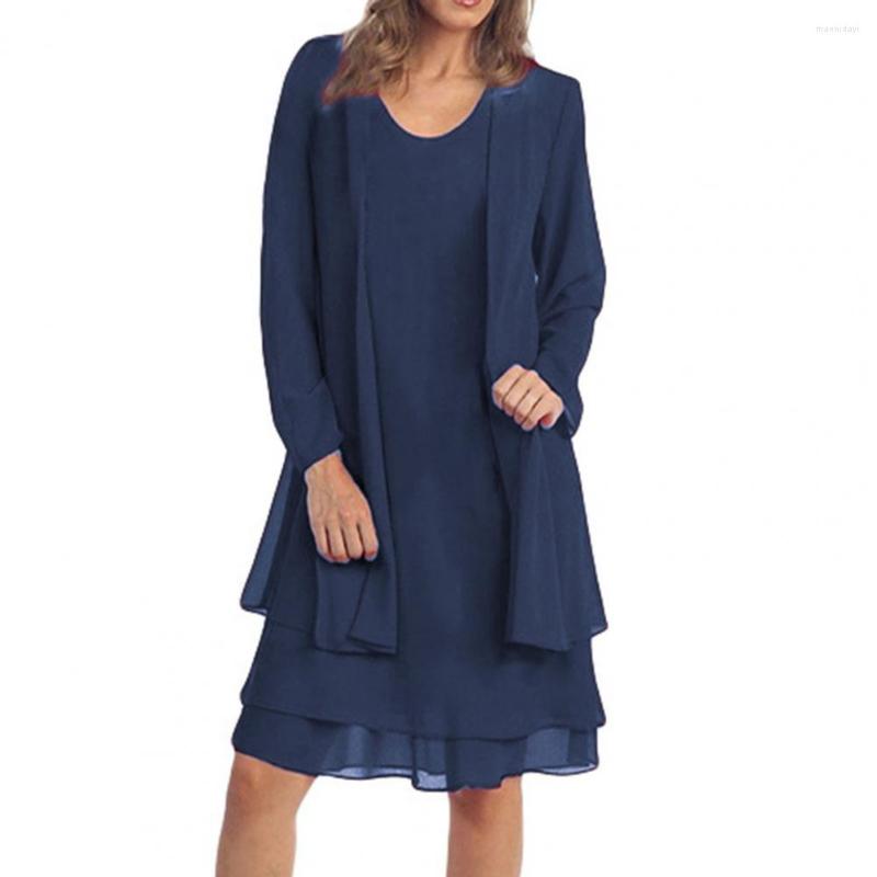 

Casual Dresses 1 Set Office For Women 2023 Solid Color Flowy Relaxed Fit Cardigan Chiffon Dress Coat Party Summer, Wine red