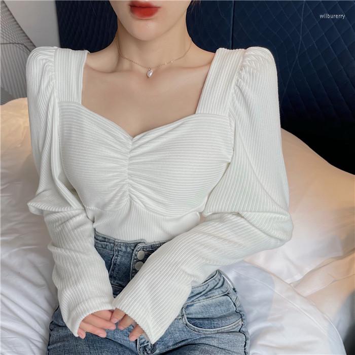 

Women's Blouses Vintage Square Collar Women Spring Korean Elegant Long Puff Sleeve Solid Shirt Blusas Office Lady Tops Female Clothes, White