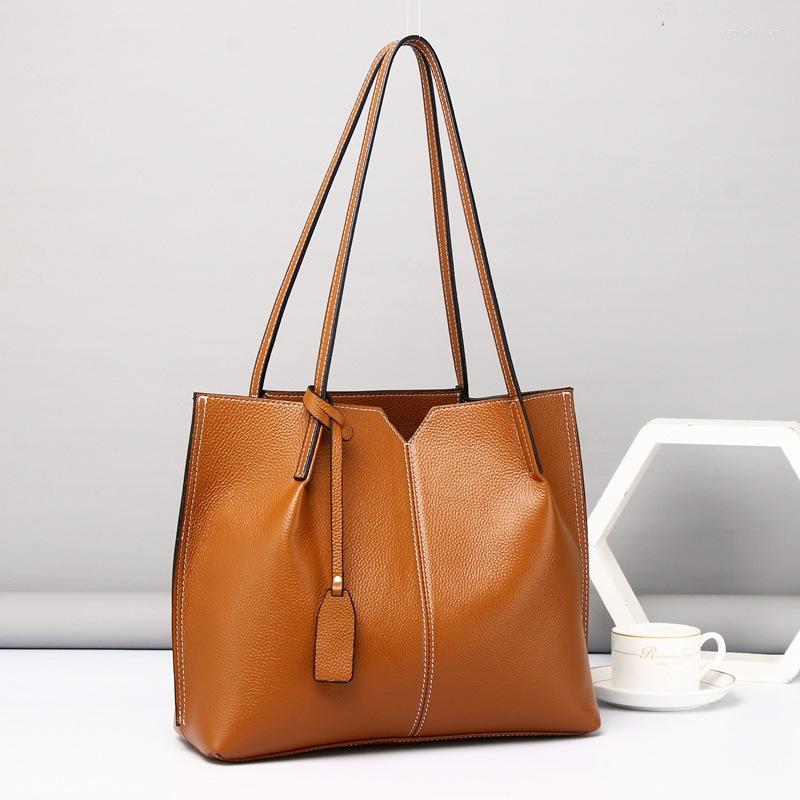 

Evening Bags Top Layer Cowhide Genuine Leather Casual Tote Bag Soft Large Capacity Women's Shoulder Ladies Handbag Leisure Business, Brown