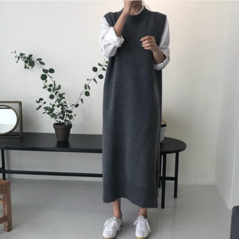 

Women's Sweaters Korean Warm Women Autumn Winter Long Sweater Knitted Loose Sundress O Neck Sleeveless Vest Dresses Robe Femme Vestido, Black