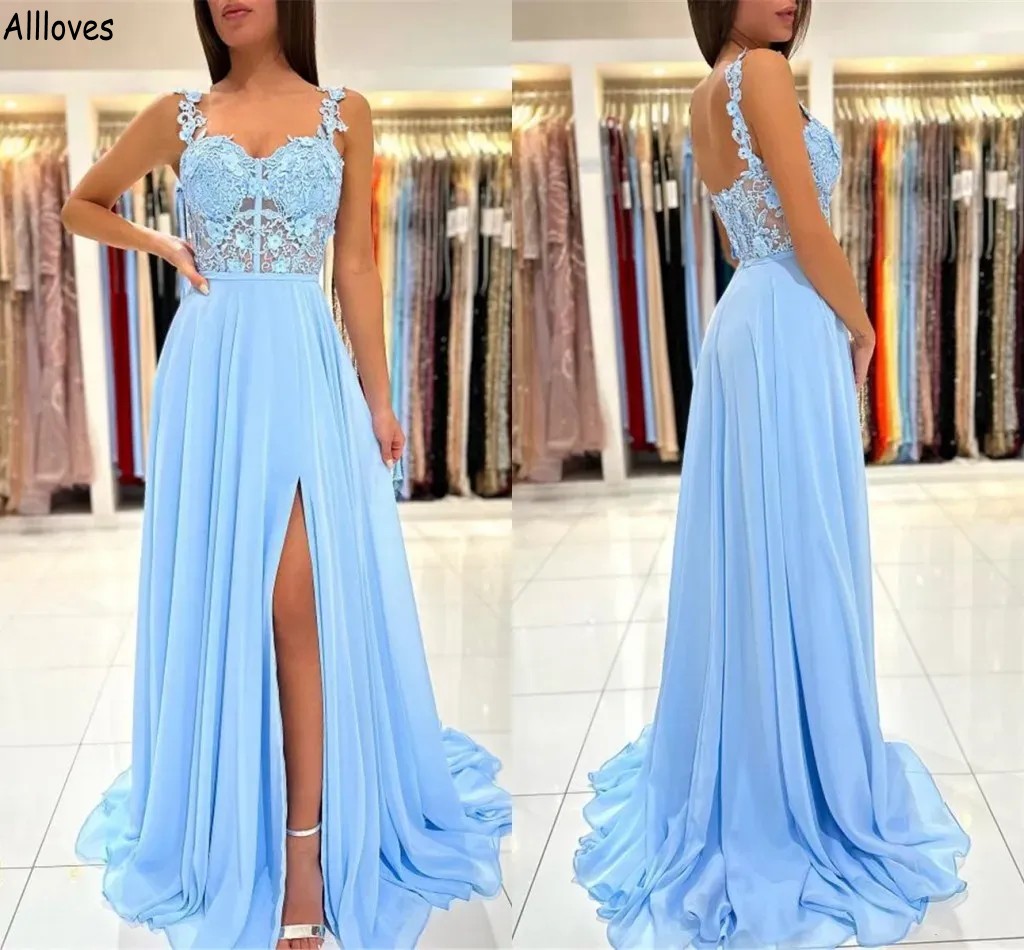 

Charming Light Sky Blue A Line Prom Dresses Elegant Lace Appliqued Spaghetti Straps Evening Party Gowns Chiffon Side Split Women Second Reception Formal Wear CL1995, Daffodil