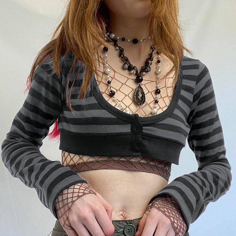 

Women' Blouses Women Blouse U-Neck Long Sleeves Single Breasted Striped Print Cardigan Sexy Skinny Navel Exposed Ultra Short Tops, Grey