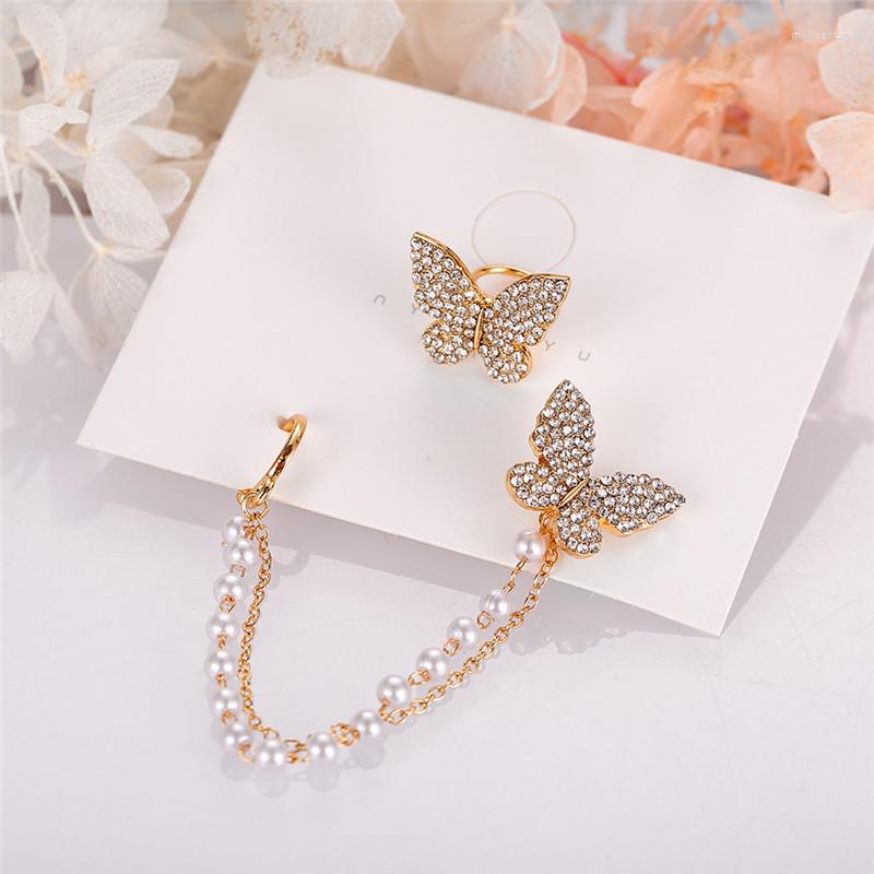 

Backs Earrings Korean Asymmetrical Rhinestone Butterfly Drop For Women Girls Trendy Fashion Pearl Chain Jewelry Gifts