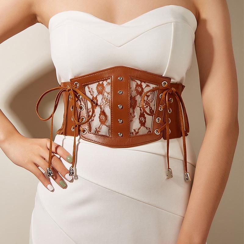 

Belts Women Lace Up PU Leather Cummerbunds Dress Girdle Elastic Waistband Corset Belt, Black