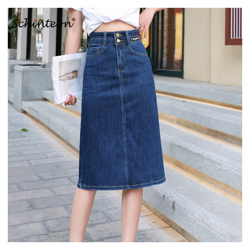 

Skirts Schinteon Women Denim A-lined Skirt Jeans High Waist Casual Knee-Length Office Lady Bodycon Skirt Big Size S-9XL Summer 230313, Blue