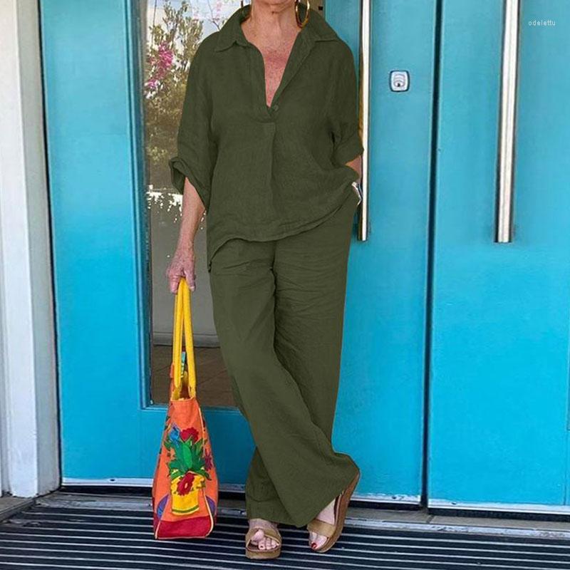 

Women' Tracksuits Women Casual Long Sleeve Loose Outfits Fashion Lapel Collor Button Shirt & Wide Leg Pant Set Elegant Cotton Linen, 01 yellow