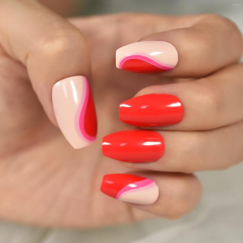 

False Nails Ret Sweet Large Heart Ballerina Fake Glossy Press On Medium Size Manicure Designed Tips Real Nail Picture, L6321