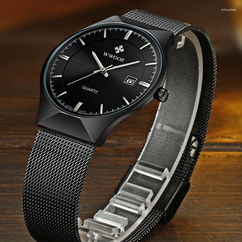 

Wristwatches Fashion Ultra-thin Men Watch WWOOR Business Mesh Belt Quartz Wristwatch Waterproof Clock Male Relogio Masculino, Gold