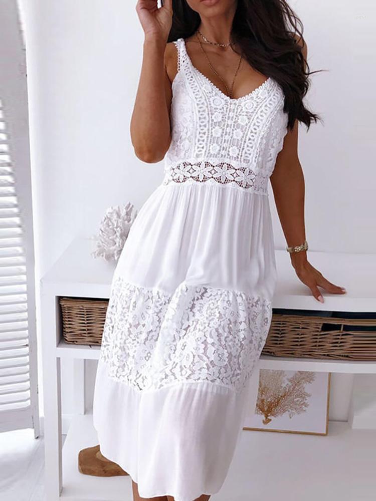 

Casual Dresses White Dress Hollow Out Summer Women Solid Sleeveless V-Neck Sling Ladies Party Sweet Streetwear Drop, 01 white