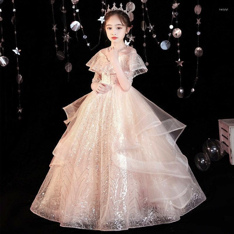 

Ethnic Clothing Luxury Vintage Girl Champagne A-line Dresses Children Wedding Party Long Exquisite Sequins Bling Ball Gowns Vestido