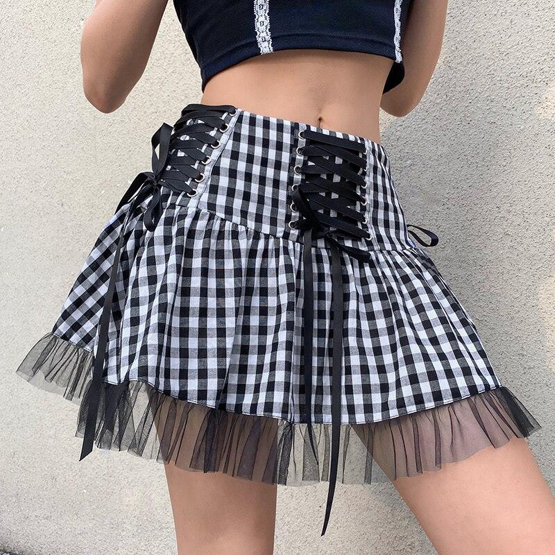 

Skirts Y2K Harajuku Gothic Lace Up Plaid Mini Skirt Mesh Patctwork Ball Gown Women Bandage High Waist Pleated Streetwear, Black