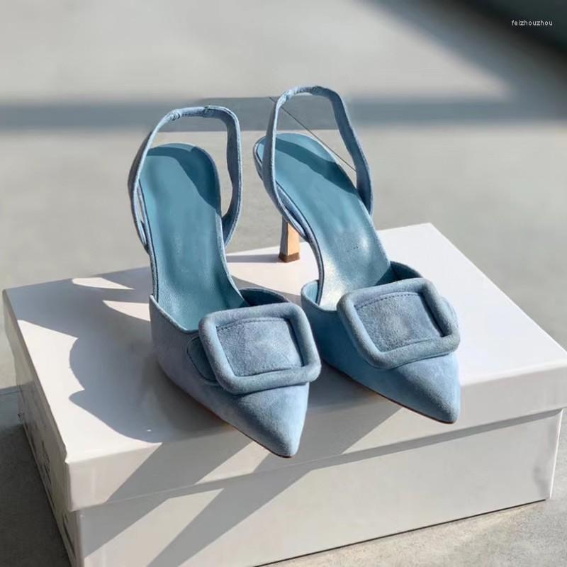 

Sandals Designer Suede Thin Heels Dress Shoes Pointed Toe Back Strap Ladies Mules Fashion Women Size 35-39 Summer Solid Color Pump, As pic 6.5cm