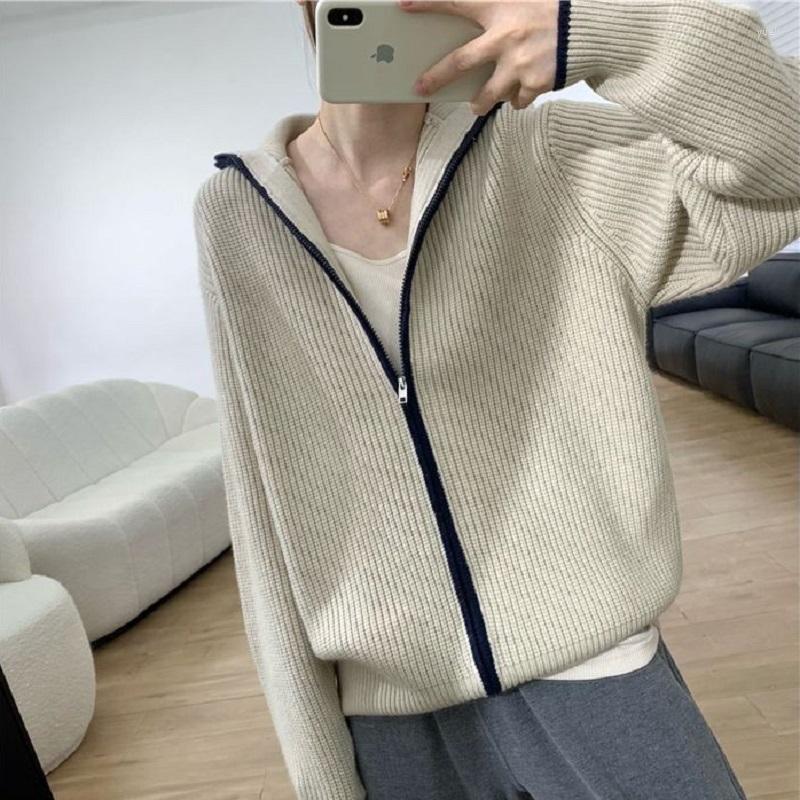 

Women's Knits Spring Korea Women Sweater Wool High Collar Zipper Loose Cardigan Fashion Female Casual Knitted Tops Cashmere Soft Jacket, Dark apricot