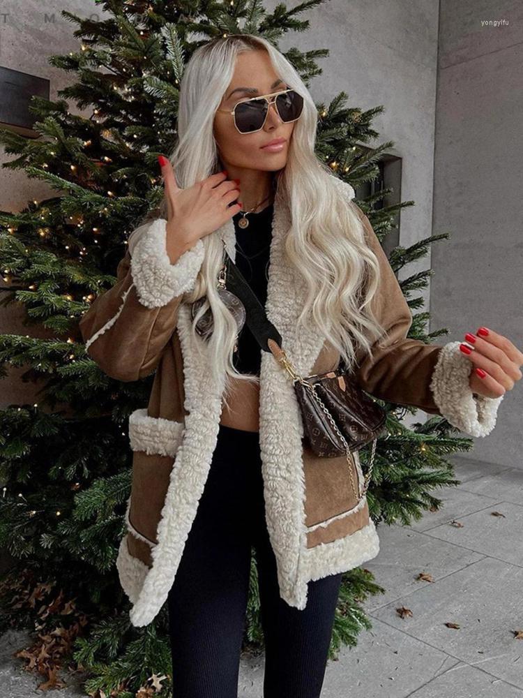 

Women' Leather Autumn Winter Streetwear Women Warm Faux Fur Fleece Short Coat Jacket Lamb Wool Thickened Locomotive Lapel Female Chic, Beige