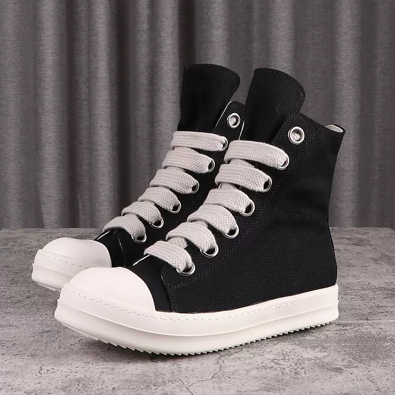 

2023s High Street Rick Canvas ShoesTop Quality Jumbo Shoeslace Solid Black Male Sneakers Lace-up Rubber Owens Women's Sneakers With Box Size 34-48