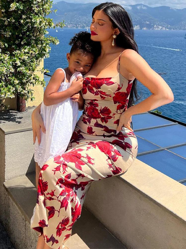 

Casual Dresses Women Floral Printed Bodycon Dress Summer Spaghetti Strap Sleeveless Sexy Maxi Party Beach Vacation Evening Long, Red