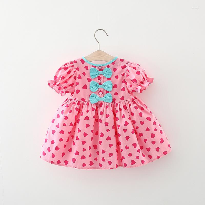 

Girl Dresses 2023 Summer Baby Girls Cotton Short Sleeve O Neck Loving Heart Print Cute Bow Casual Children's Kids Pleated Dress Vestidos, Green
