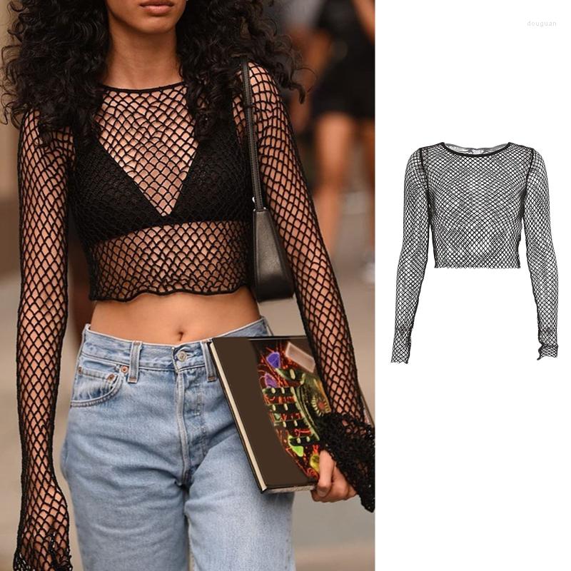

Women's T Shirts Chic Summer Cover Ups For Women Hollow Out Tee Tops Ladies See Through Mesh Net Casual Long Sleeve Crop Top Ins, Picture shown