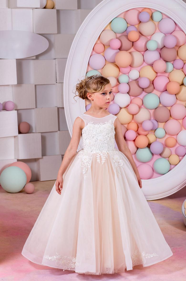 

Girl Dresses Cute Flower For Weddings Ball Gown Tulle Appliques Lace Beaded Long First Communion Little, Beige