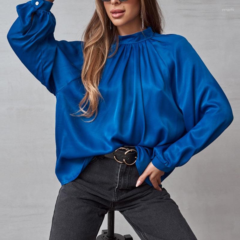 

Women' Blouses Blue Satin Women Stand Collar Blouse Lantern Sleeve Irregular Pleated Pullover 2023 Spring Green Loose Ladies Office Elegant