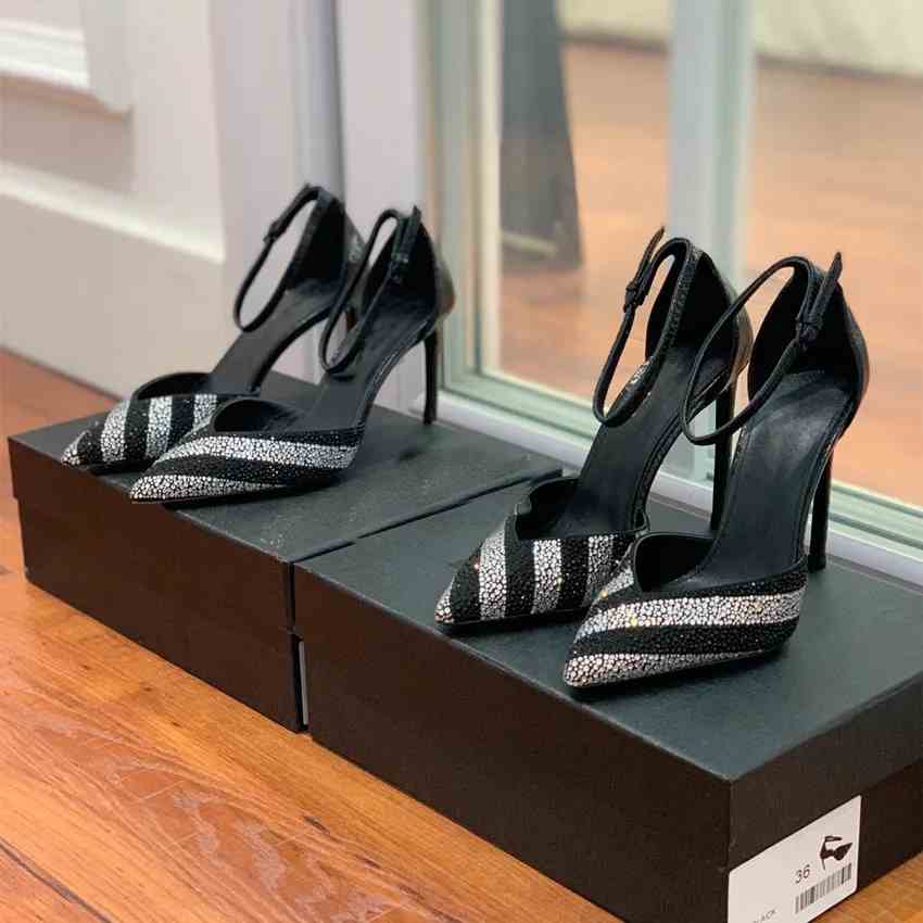 

2023 heel women sandals famous designer sexy stripes blingbling rhinestone footwear summer dress formal party Y0134 sexy 7.5cm 10cm, Black