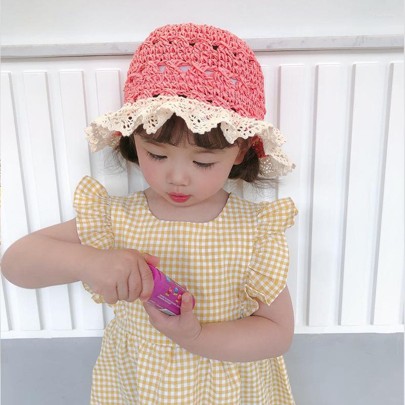

Hats Children Summer Baby Bucket Cap Kids Toddler Girls Straw Hat Sun Hollow Mesh Caps Casual Beach, Red