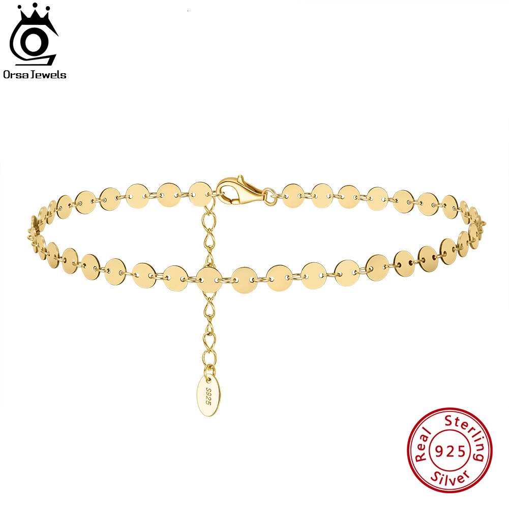 

Anklets ORSA JEWELS 925 Sterling Silver 4mm Round Plate Chain Anklet 14K Gold Plated Simple Jewelry for Women Birthday Gift SA25 230313