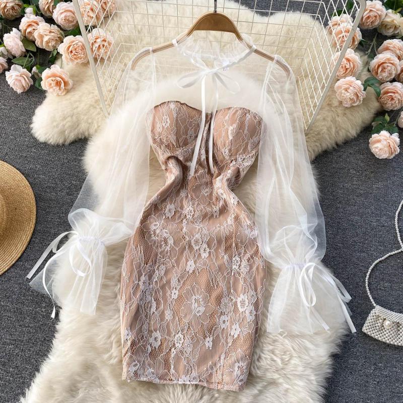 

Casual Dresses ZCWXM Evening For Women Sexy Patchwork Lace Gauzed Vestidos De Mujer See Throught Robe Korean Bodycon Mini Party Dress, Black