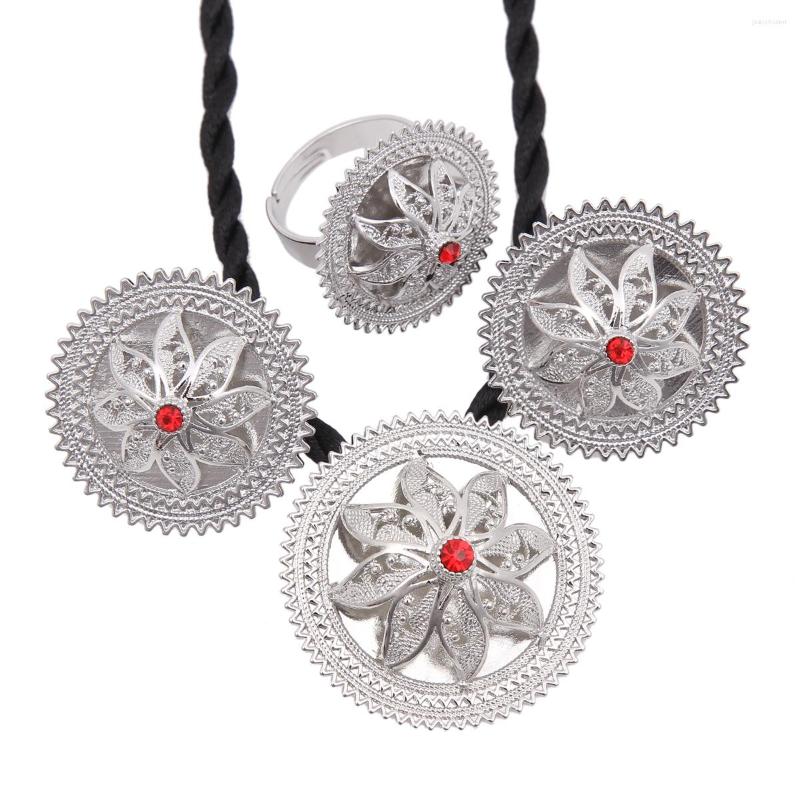 

Necklace Earrings Set Ethnic Ethiopian Jewelry Pendant Chain Ring Silver Color Eritrea Habesha Wedding, Picture shown