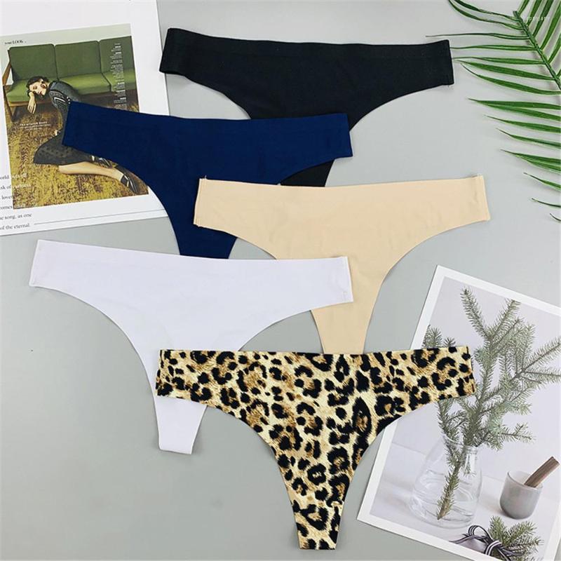 

Women' Panties Leopard/Solid Silk Seamless Thong Women Sexy Underwear Ladies Invisible Low-Rise G-string Bikini Briefs, Black