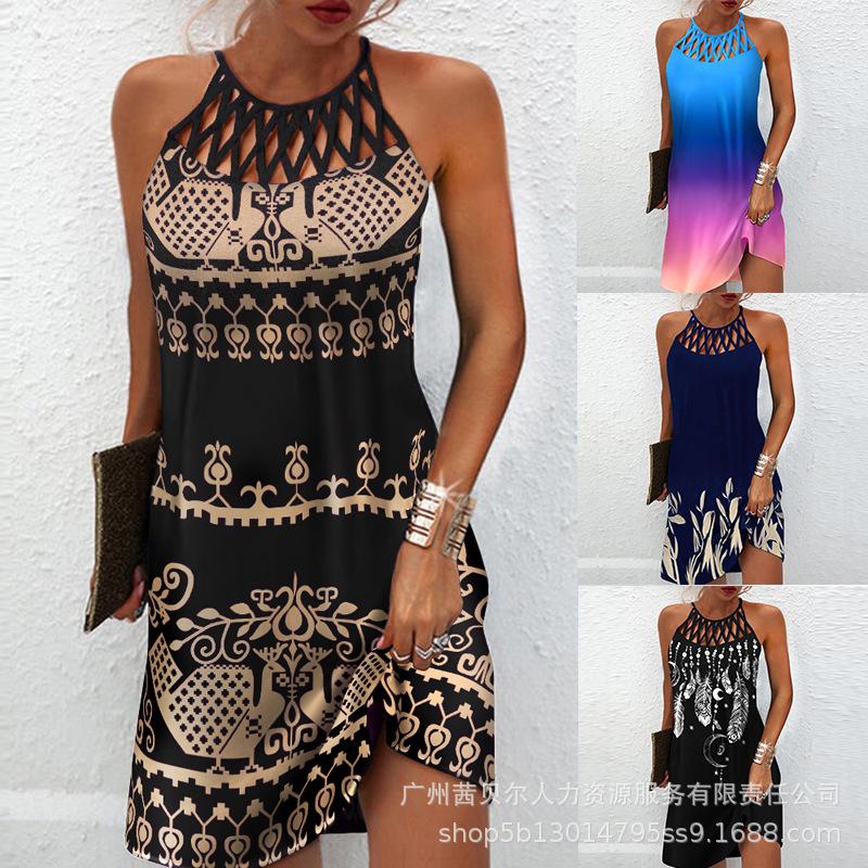 

Casual Dresses Plants Print Hollow Out Dress Women Mini Sleeveless O Neck Sexy Party Evening Summer SpringCasual, Oyi9781g