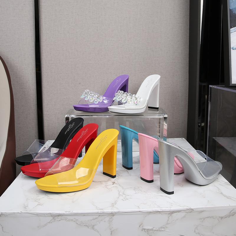 

Dress Shoes Summer Simple Women High Heel Slippers PVC Transparent Open Toe All-match Pumps Office Party Ladies, Silver
