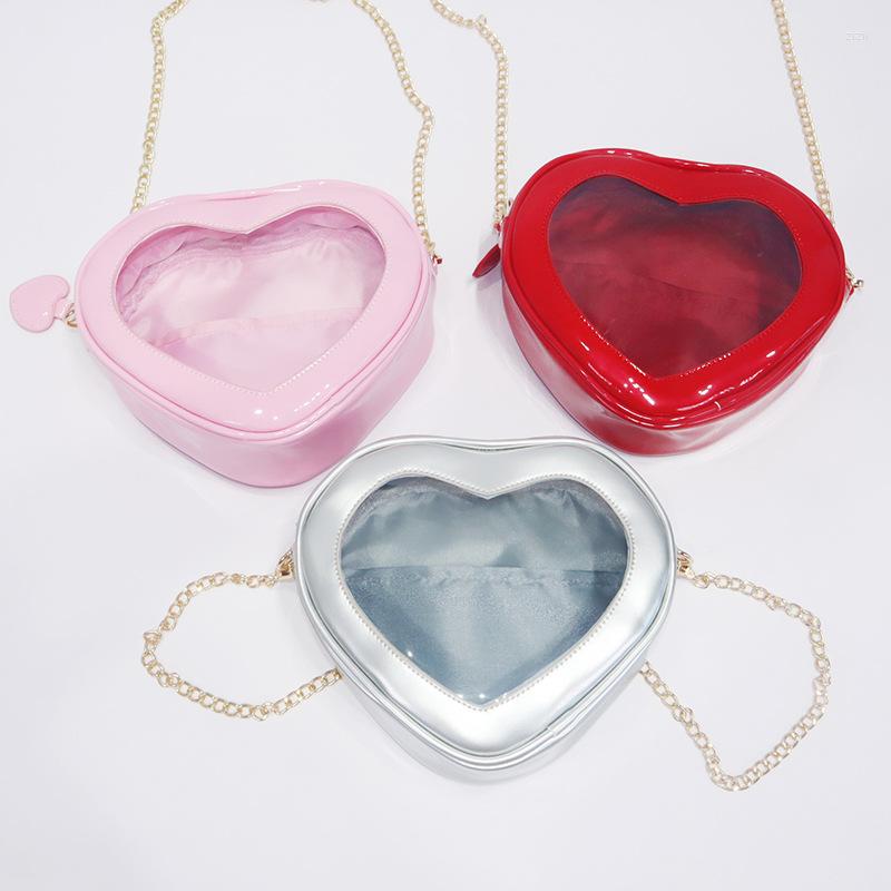 

Evening Bags Lolita JK Ita Cross Body Bag Women Girl Messenger Transparent PVC PU Heart Shape Metal Chain, Red