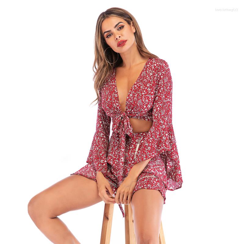 

Casual Dresses Summer Ladies Leisure Vacation Chiffon V Neck Flared Sleeve Dress Two-piece Set, Red