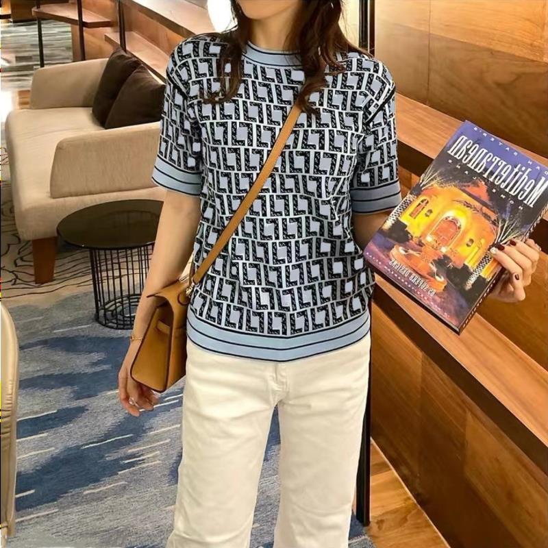 

T Shirts 2022 Designer New High-quality Temperament All-match Round Neck T-shirt Ice Silk Small Shirt Was Thin Jacquard Knitted Top Te Fcee, Blue