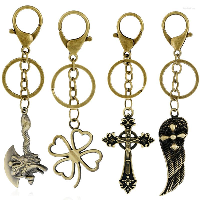 

Keychains Vintage Retro Metal Keychain Bronze Pendant Rings Wing Cross Fish Holder For Car Keys Chain Fashion Bag Accessories Jewelry Gift
