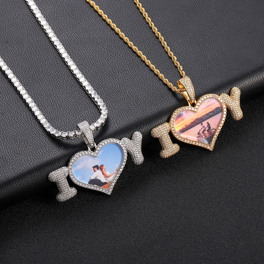 

Hip Hop Custom Bubble Letter Photo Pendant Necklace Bling Gold Plated Lover Gift
