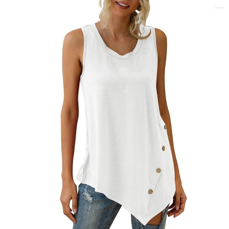 

Women' T Shirts Women O-Neck Sleeveless T-shirts Fashion Irregular Summer Female Loose Casual With Buttons, Black